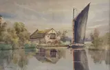 Broadland scene with wherry by William Edward Mayes, watercolour, sold Oct 2022