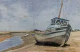 Beached boats on the shore line by Norna Johnston, watercolour, sold Oct 2022