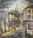 Street scene by George Hann, oil on board, offered Oct 2022