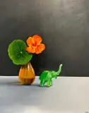 Elephant leaving Nasturtium by Joceline Wickham, oil on wood, sold Oct 2022