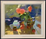 Still life with flowers and fruit by Sergei Kovalenko, oil on board, sold Oct 2022
