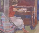A study of a woman sat by a piano by James Belcher, watercolor, sold Oct 2022
