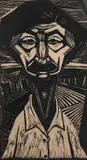 Untitled portrait of a farmer by Eduardo Larrante, woodcut, offered Oct 2022