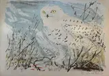 Coloured lithograph of owls by David Koster, lithograph, sold Oct 2022
