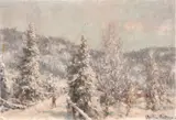 Figure cross country skiing in a winter landscape by Martin Müller, oil on canvas, offered Jul 2024
