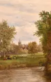 Rickmansworth Church with cattle in a meadow by Mark Edwin Dockree, oil on canvas, sold Jul 2024