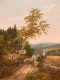 Figures and sheep on a country path near Strathardle by Mark Edwin Dockree, oil on canvas, sold Jul 2024