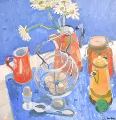 A still life composition with flowers in a red jug by Glen Scouller, oil on canvas, sold Jul 2024