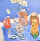 A still life composition with flowers in a red jug by Glen Scouller, oil on canvas, sold Jul 2024