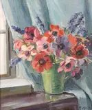 A still life of summer flowers on a windowsill by Marjorie Mostyn, oil on canvas, sold Jul 2024