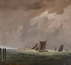 Ships approaching harbour under changing skies by Frank Lewis Emanuel, oil on canvas, sold Jul 2024