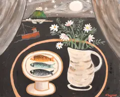Moonlight Mount' a still life nocturne with St by Alan Furneaux, oil on canvas, sold Jul 2024