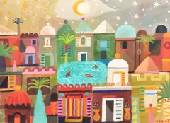Figures swimming in a pool in Marrakesh under a starlit sky by Alan Furneaux, oil on canvas, sold Jul 2024