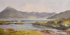 A Highland Loch with a lighthouse and cottages by Donald Shearer, oil on canvas, sold Jul 2024