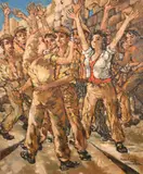 Figures celebrating in Jerusalem in 1968 by Hedi Schick, oil on canvas, offered Jul 2024
