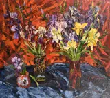 A still life study of Irises by Sergei Shapovalov, 2001, oil on canvas, sold Jul 2024