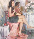 Taking Tea by Oleg Stanichnov, oil on canvas, offered Jul 2024