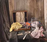 Still life with cutlery and fabrics by Georges Weissbort, oil on canvas, sold Jul 2024