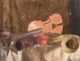 Still life with musical instruments by Georges Weissbort, oil on canvas, sold Jul 2024