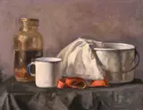 Still life with enamel cup and other objects by Georges Weissbort, oil on canvas, sold Jul 2024