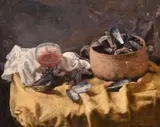 Still life with a Moules and other objects by Georges Weissbort, oil on canvas, sold Jul 2024