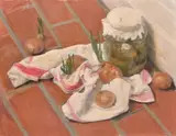 Still life of a jar of pickles and onions by Georges Weissbort, oil on canvas, sold Jul 2024