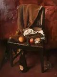 Still life of fruit and vintage football clacker on a chair by Georges Weissbort, oil on board, sold Jul 2024