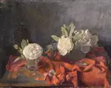 A still life featuring white roses along with another similar by Georges Weissbort, oil on canvas, sold Jul 2024