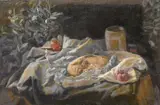 A still life featuring a loaf of bread by Georges Weissbort, oil, sold Jul 2024