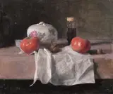 A still life with tomatoes and a porcelain cover by Georges Weissbort, oil on canvas, sold Jul 2024