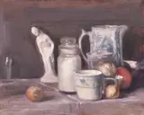 A still life with a bugle along with another with blue and white by Georges Weissbort, oil on canvas, sold Jul 2024