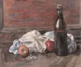 A still life with a beer bottle along with another with apples and by Georges Weissbort, oil on canvas, sold Jul 2024