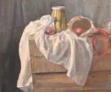 A still life of a jar of pickles and tomatoes on a white cloth by Georges Weissbort, oil on canvas, sold Jul 2024