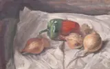 A still life of a pepper and onions by Georges Weissbort, oil, sold Jul 2024