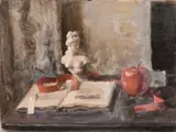 A still life with a classical statue and apples by Georges Weissbort, oil on canvas, sold Jul 2024