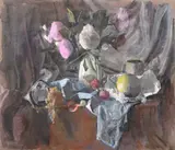 A still life of flowers and other objects on a cloth by Georges Weissbort, oil on canvas, sold Jul 2024
