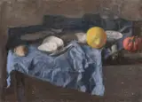 A still life of moules and fruit by Georges Weissbort, oil on canvas, sold Jul 2024