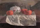 A still life of tomatoes and a porcelain cover by Georges Weissbort, oil on canvas, sold Jul 2024