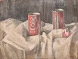 A still life of coke cans and an empty pack of Marlboro cigarettes by Georges Weissbort, oil on canvas, sold Jul 2024