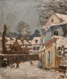 A scene of figures by buildings in a winter landscape by Georges Weissbort, oil on board, sold Jul 2024