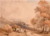 Figures with a donkey resting in a landscape by Edwin Wilkins Field, 1846, watercolour, sold Jul 2024