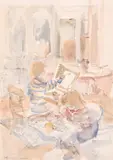 A view of children painting by Phyllis Ginger, 1986, watercolour, offered Jul 2024