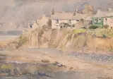 A view of cottages on a harbour wall by Lamorna Birch, watercolour, sold Jul 2024