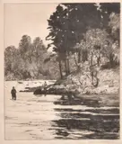 An angler and his ghillie by Norman Wilkinson, etching, sold Jul 2024