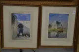 Arab figures in a sailing boat in a harbour, watercolour, initial and annotated together with by F S L, watercolour, sold Jun 2024