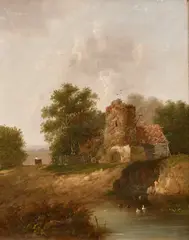 Figure on a cart by a building with ducks in a pond in the by Patrick Nasmyth, oil on canvas, sold Jun 2024