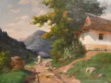 Female figure on a mountain path passing a cottage by Tibor Szontágh, oil on canvas, sold Jun 2024