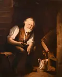 Elderly gentleman filling a jug by candlelight by Charles Spencelayh, oil on canvas, offered Jun 2024