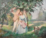 An amorous couple gathered beneath a cherry tree by Raymond Lheureux, oil on canvas, sold Jun 2024