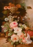 A still life of mixed flowers and grapes trailing from an urn by Nancy Lee, oil on panel, offered Jun 2024